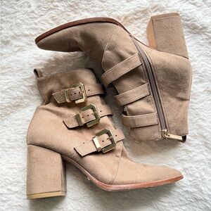 RAYE Beige Heeled Boots with Triple Buckle